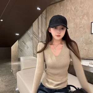 Women's Solid V-Neck Knit Sweater Slim Fit Long Sleeve Base Layer