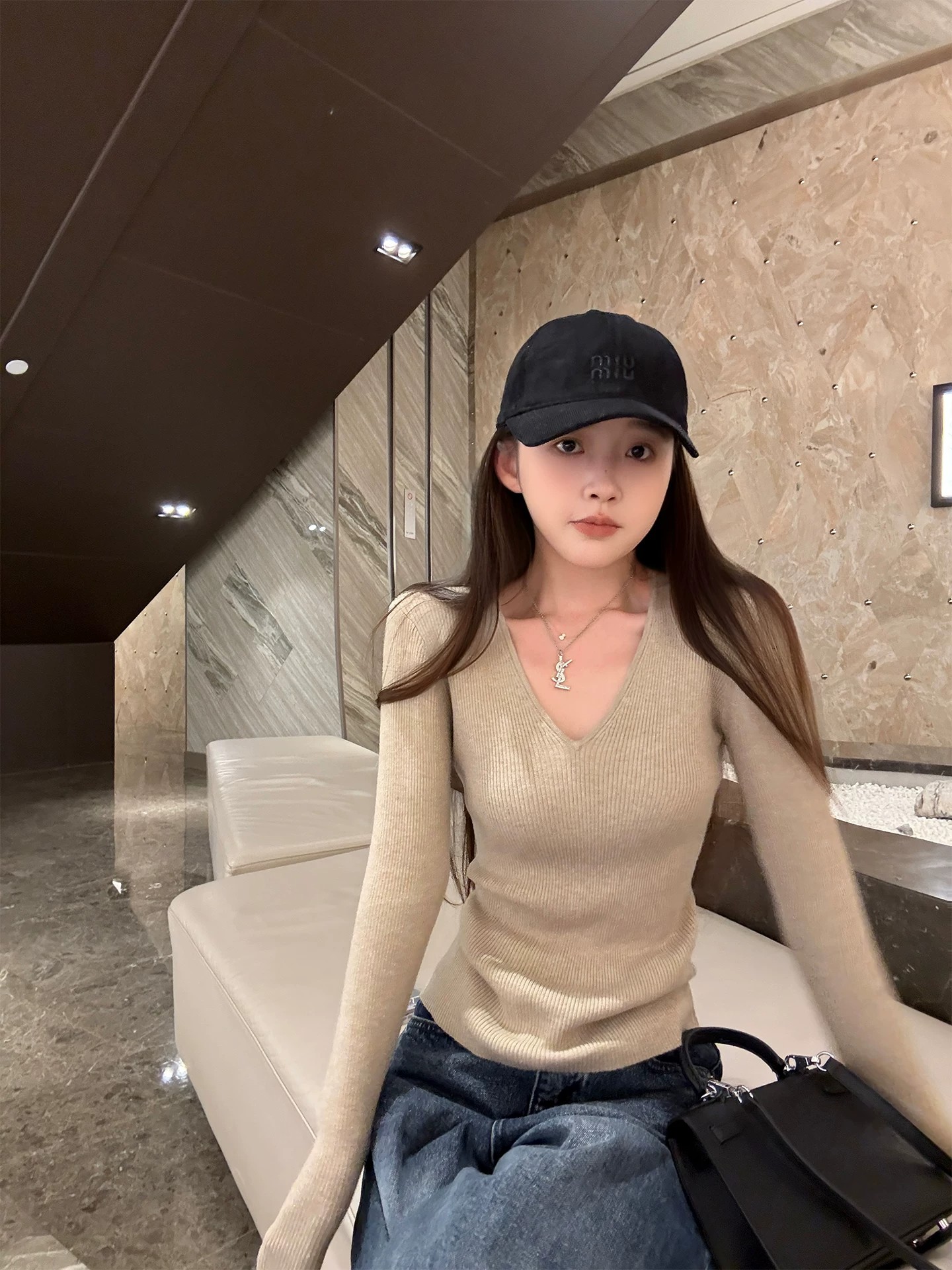 Women's Solid V-Neck Knit Sweater Slim Fit Long Sleeve Base Layer