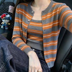 Korean Orange Striped Layered Knit Cardigan Women's Early Autumn Two-Piece Sweater Top