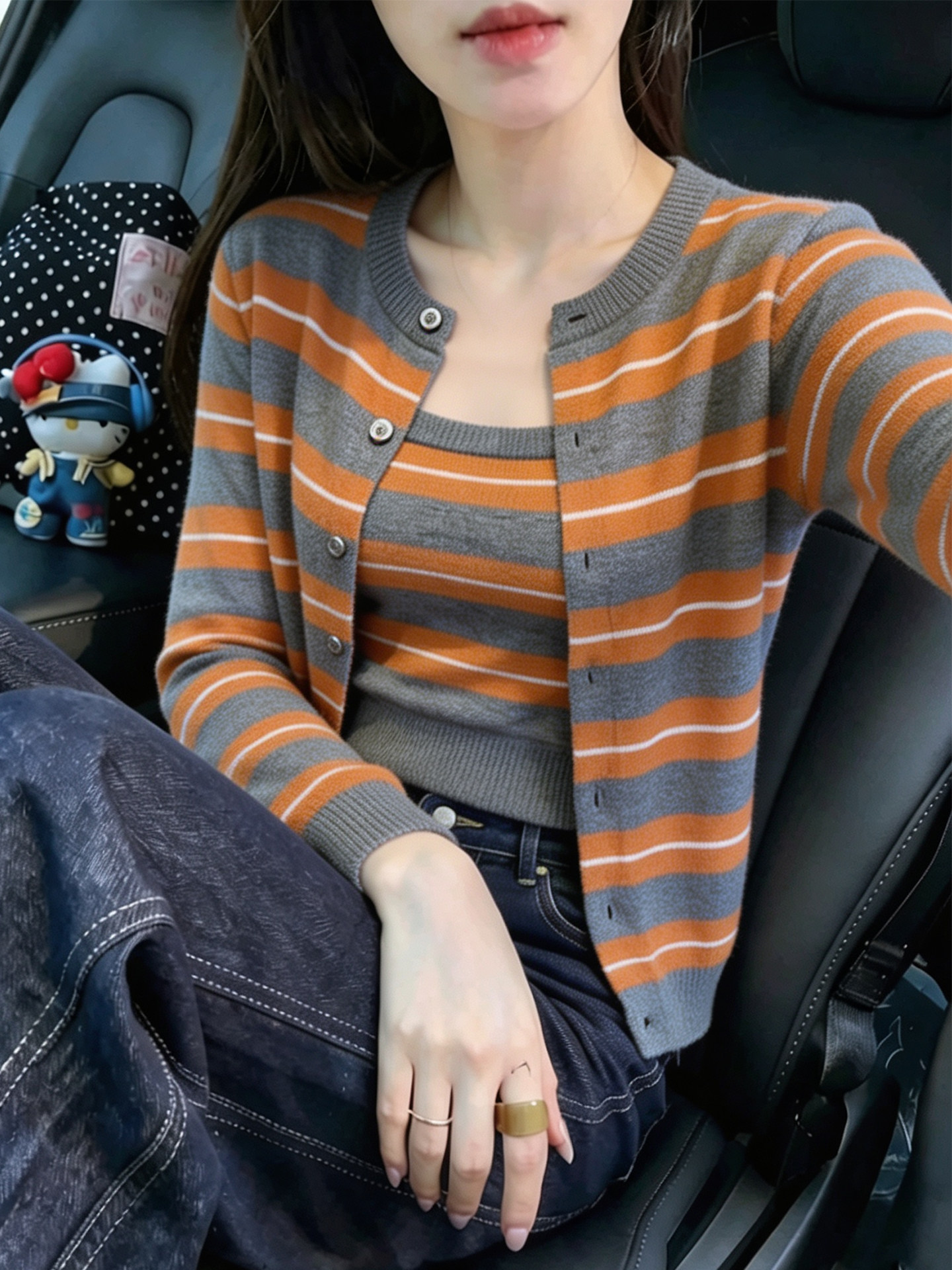 Korean Orange Striped Layered Knit Cardigan Women's Early Autumn Two-Piece Sweater Top