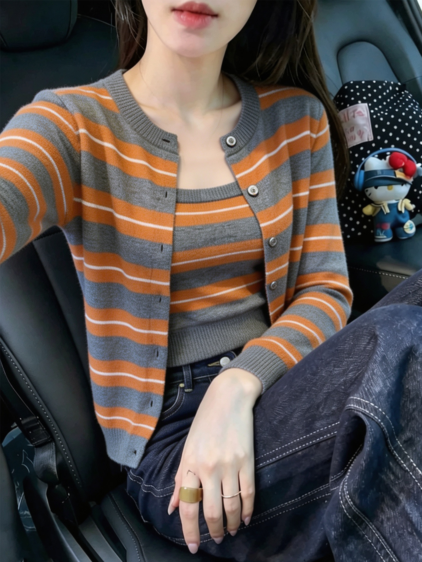 Korean Orange Striped Layered Knit Cardigan Women's Early Autumn Two-Piece Sweater Top - Image 2