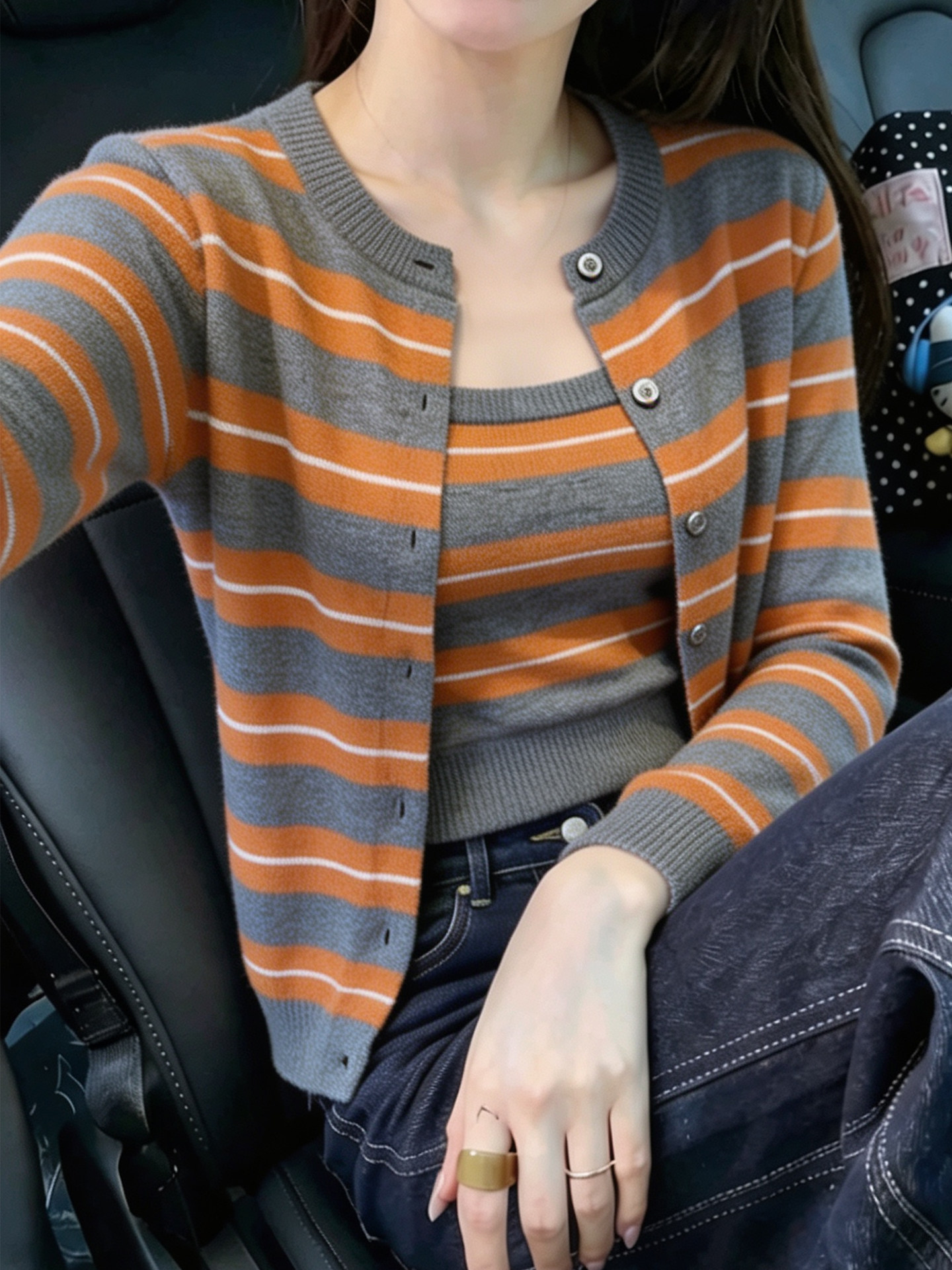 Korean Orange Striped Layered Knit Cardigan Women's Early Autumn Two-Piece Sweater Top - Image 3