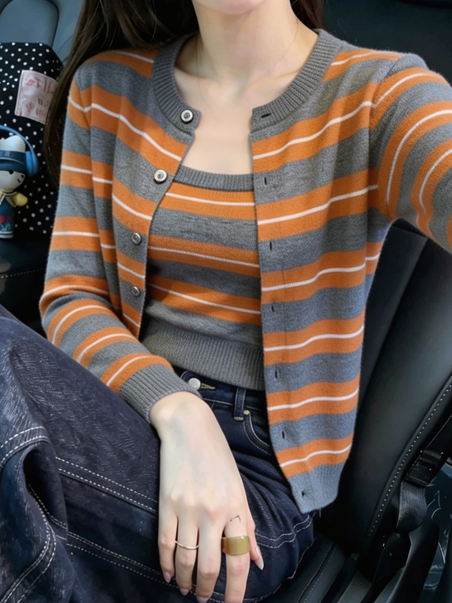 Korean Orange Striped Layered Knit Cardigan Women's Early Autumn Two-Piece Sweater Top - Image 4