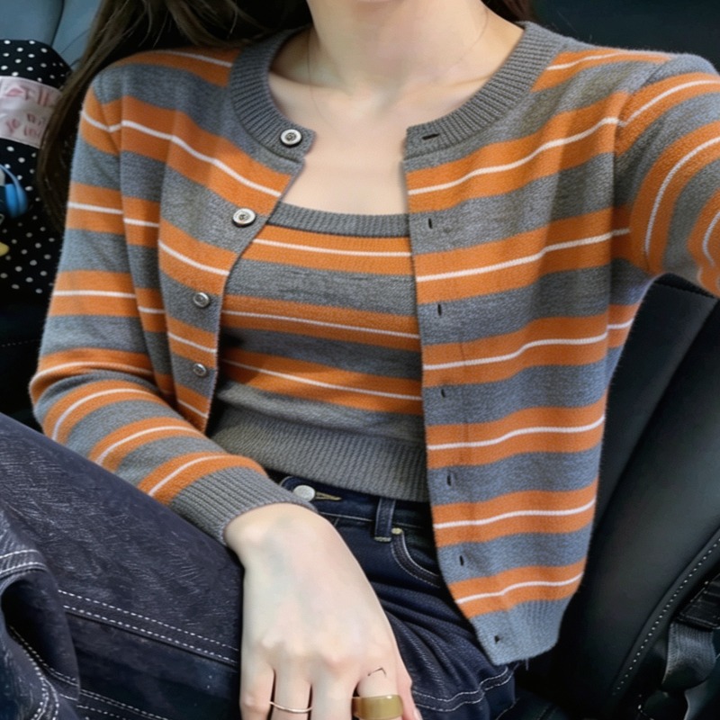 Korean Orange Striped Layered Knit Cardigan Women's Early Autumn Two-Piece Sweater Top - Image 5