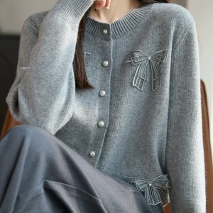 2026 New Beaded Bow Knit Cardigan Sweater for Women Autumn Winter Plus Size Top