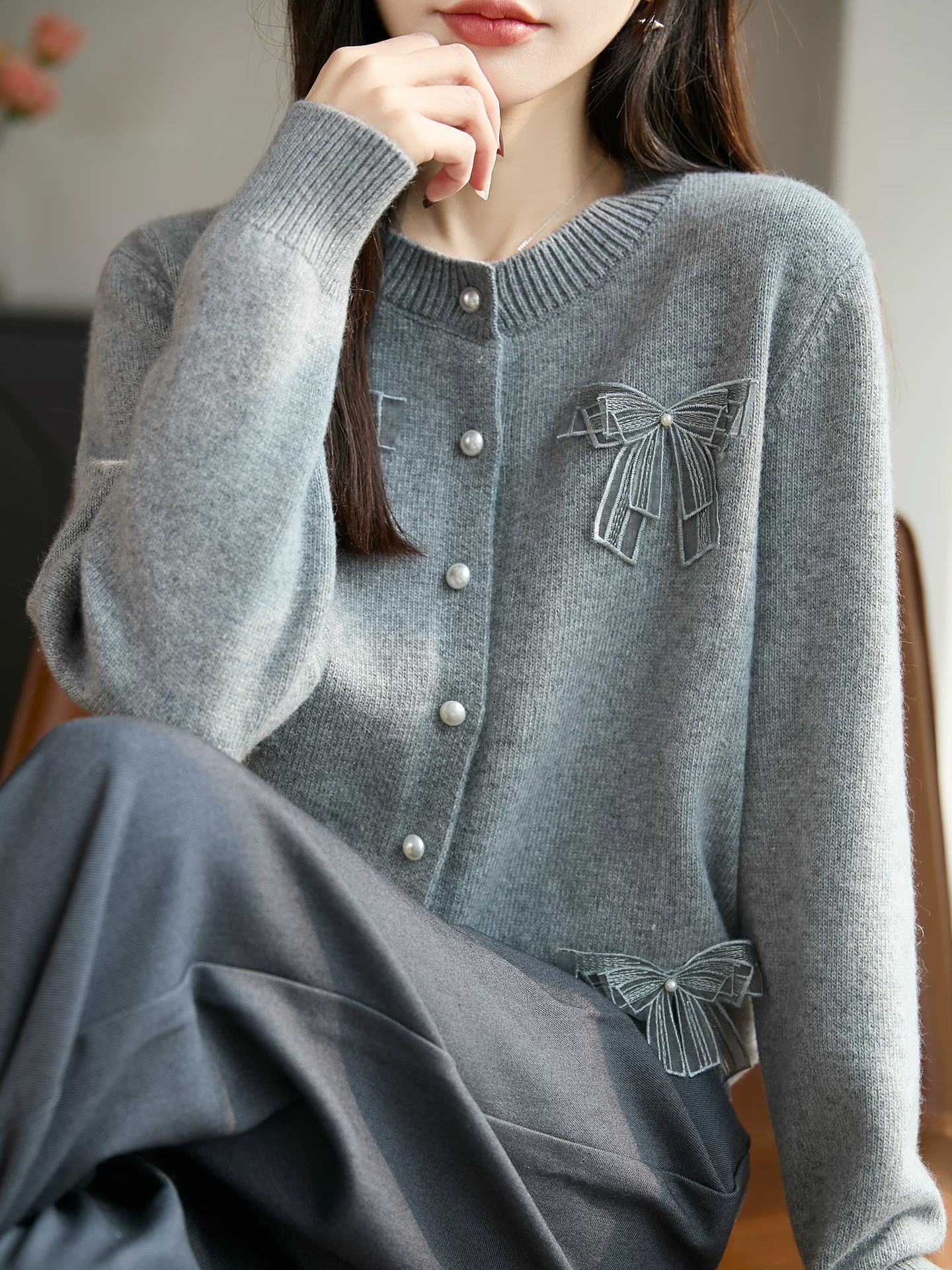 2026 New Beaded Bow Knit Cardigan Sweater for Women Autumn Winter Plus Size Top