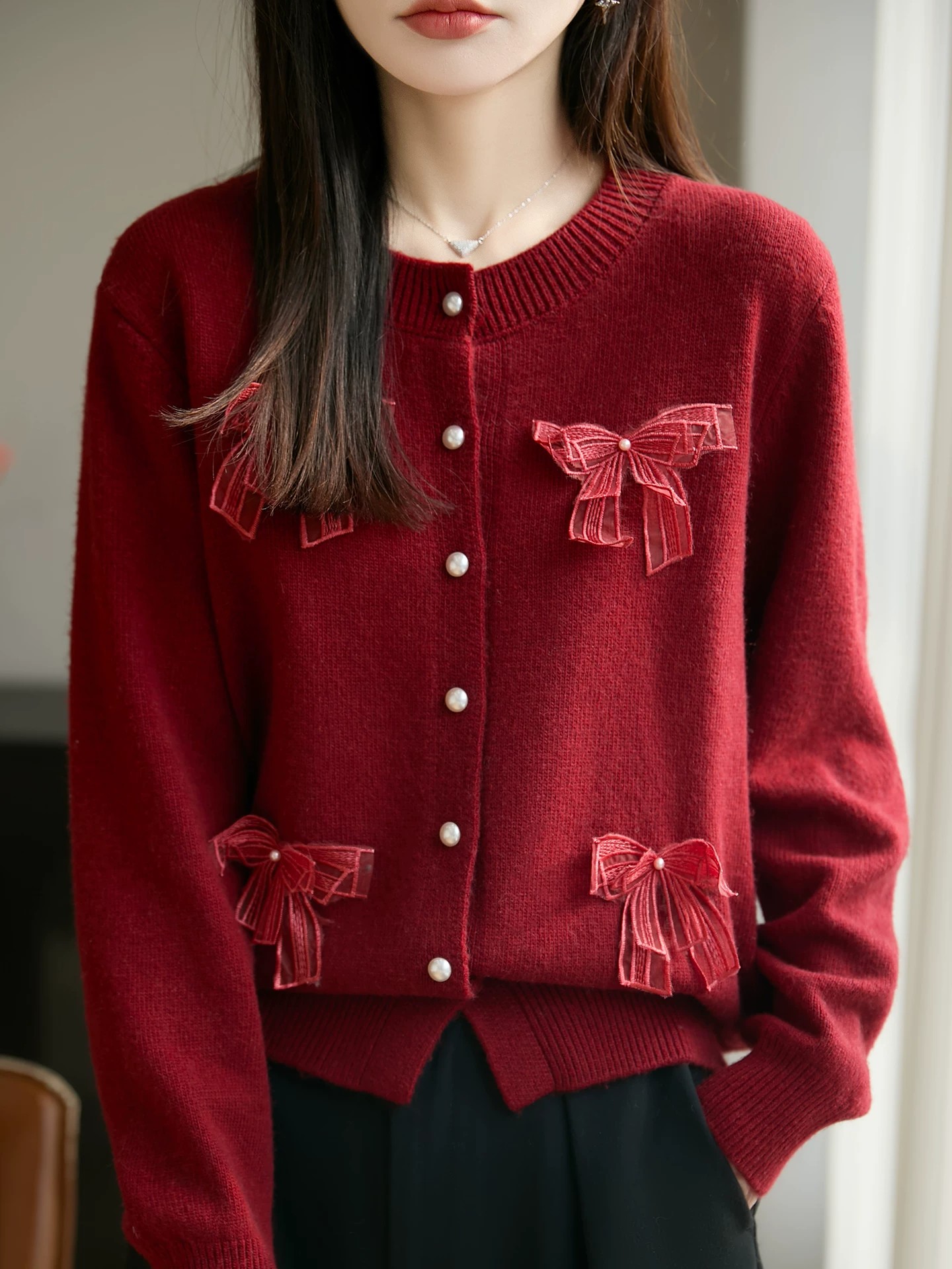 2026 New Beaded Bow Knit Cardigan Sweater for Women Autumn Winter Plus Size Top - Image 3
