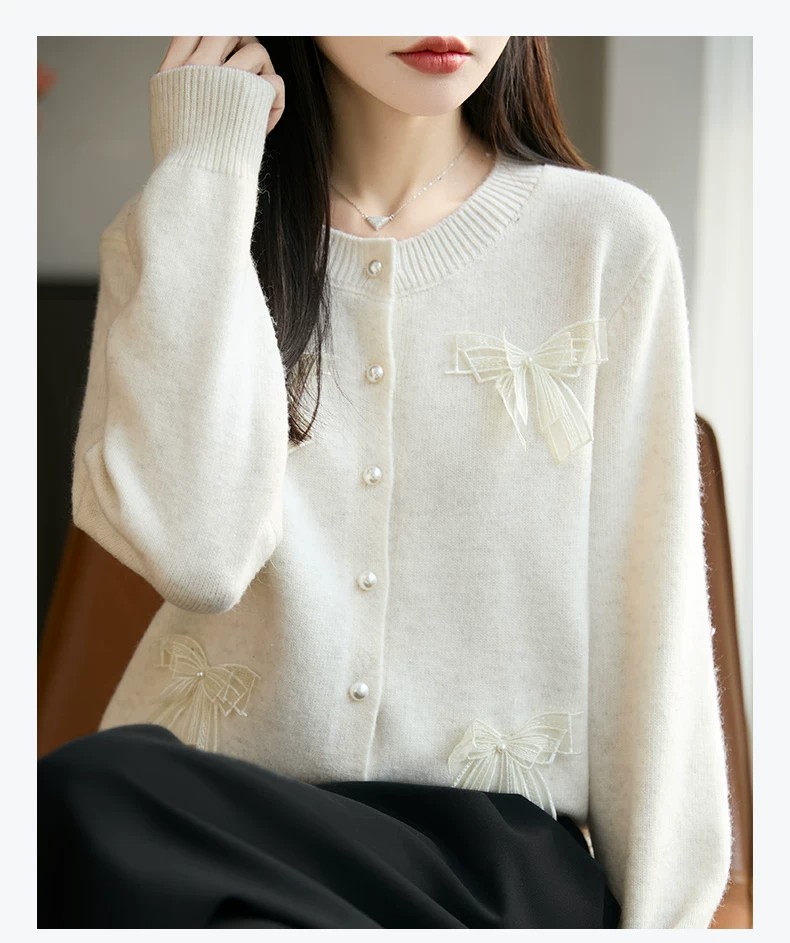 2026 New Beaded Bow Knit Cardigan Sweater for Women Autumn Winter Plus Size Top - Image 4