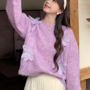 Women's Soft Yellow Round Neck Knit Cardigan 2026 Winter Loose Fit 3D Flower Sweater Top