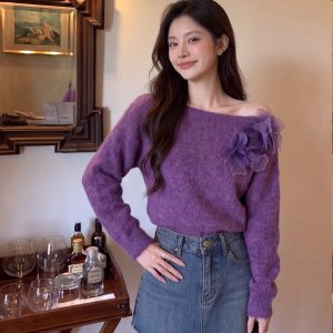 Women's Sheer Mesh Flower One-Shoulder Knit Cardigan Sweater