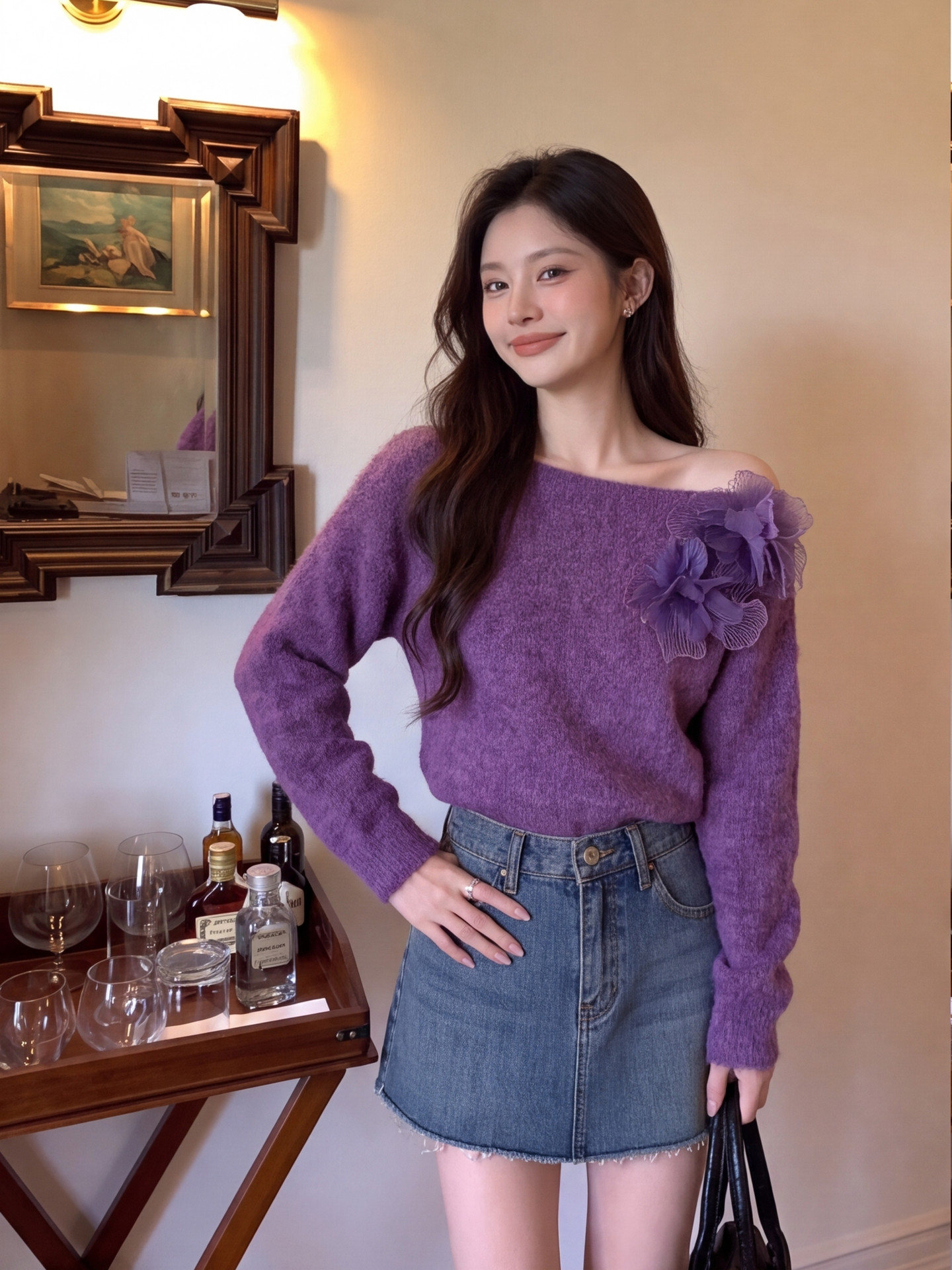 Women's Sheer Mesh Flower One-Shoulder Knit Cardigan Sweater