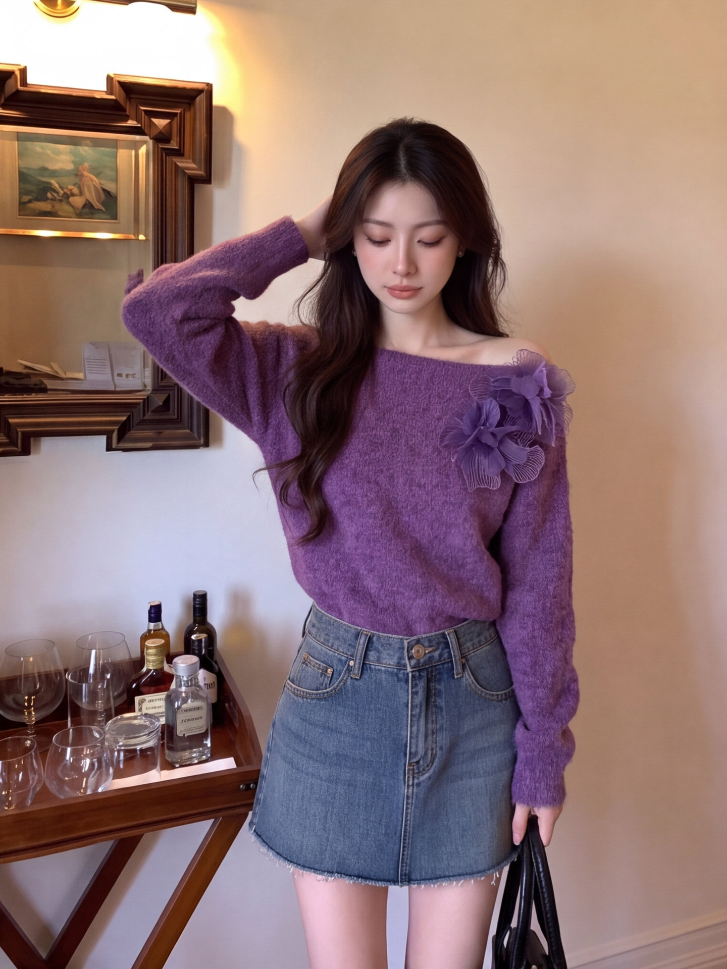 Women's Sheer Mesh Flower One-Shoulder Knit Cardigan Sweater - Image 2