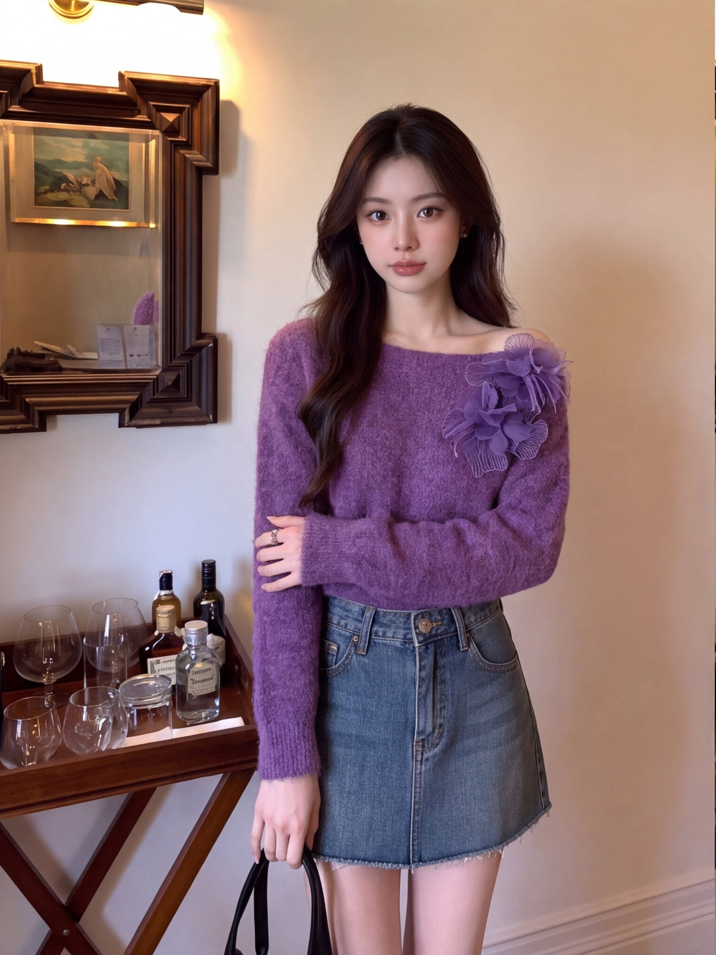 Women's Sheer Mesh Flower One-Shoulder Knit Cardigan Sweater - Image 3