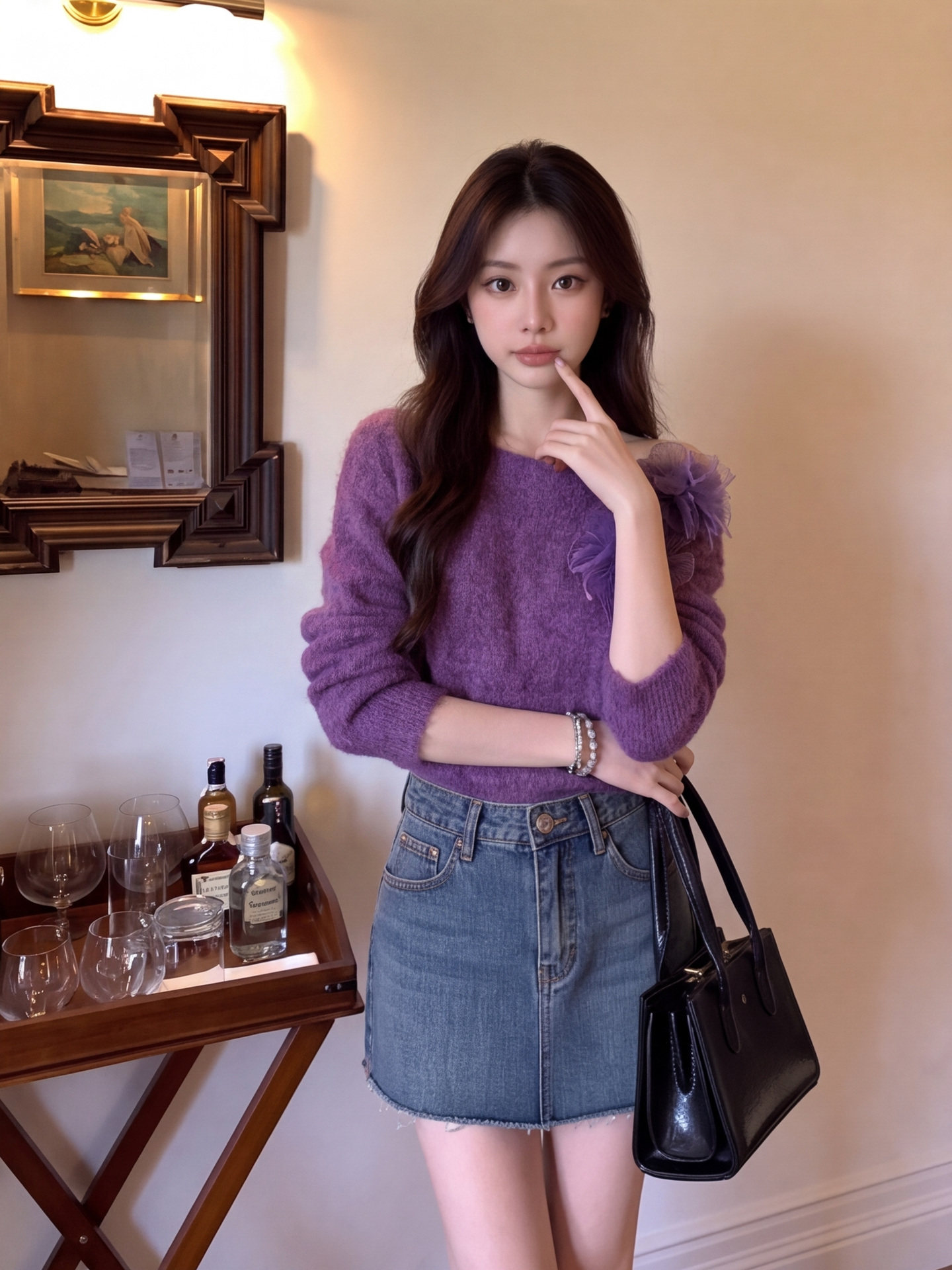 Women's Sheer Mesh Flower One-Shoulder Knit Cardigan Sweater - Image 4
