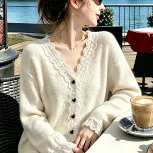Women's Autumn Winter Lace Trim Heart Button Long Sleeve Knit Cardigan Sweater
