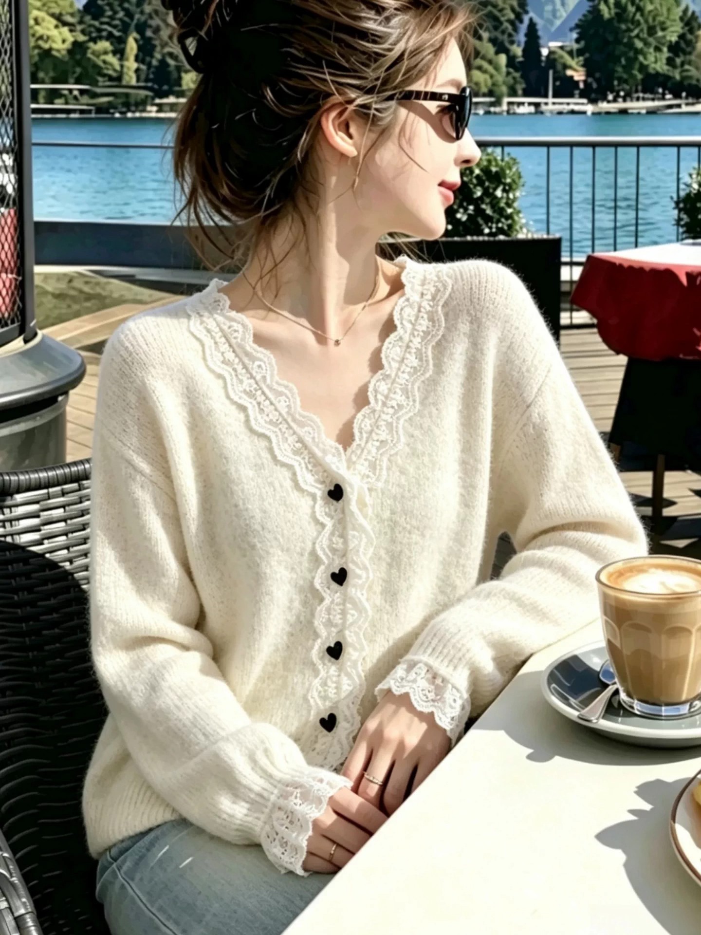 Women's Autumn Winter Lace Trim Heart Button Long Sleeve Knit Cardigan Sweater