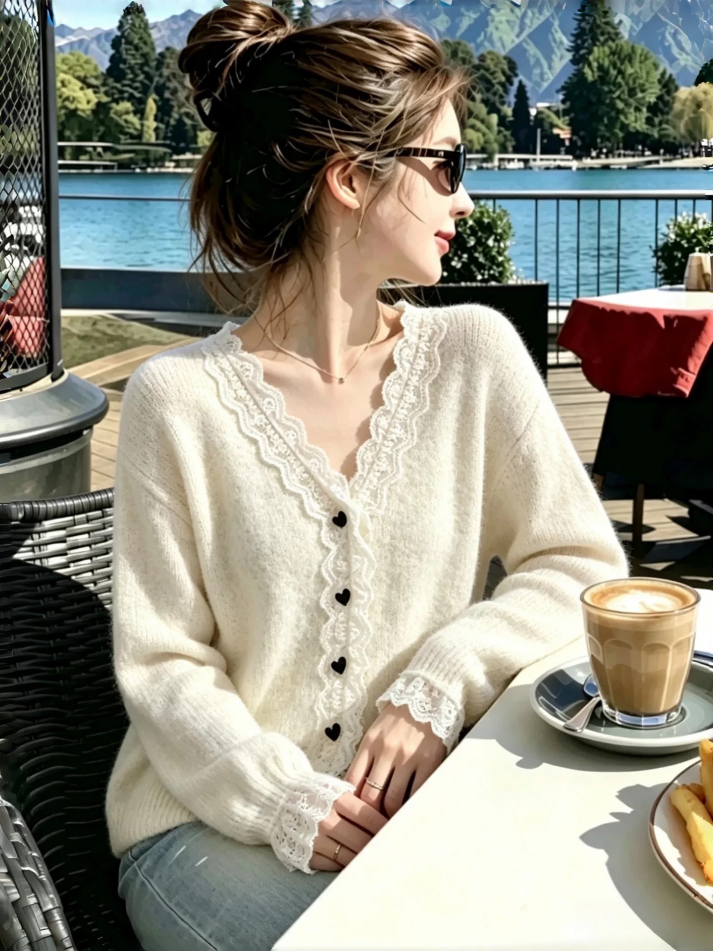 Women's Autumn Winter Lace Trim Heart Button Long Sleeve Knit Cardigan Sweater - Image 3