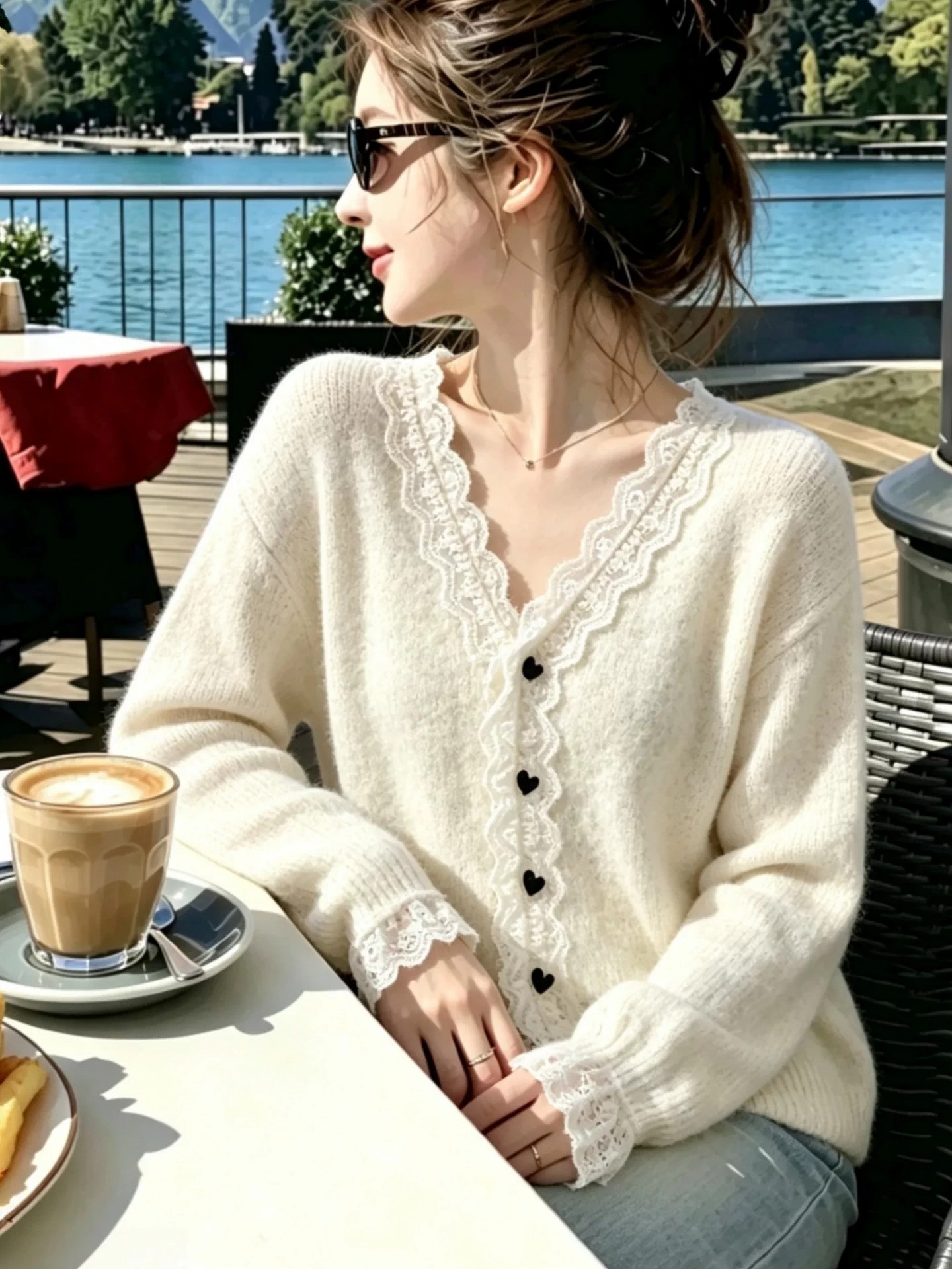 Women's Autumn Winter Lace Trim Heart Button Long Sleeve Knit Cardigan Sweater - Image 2