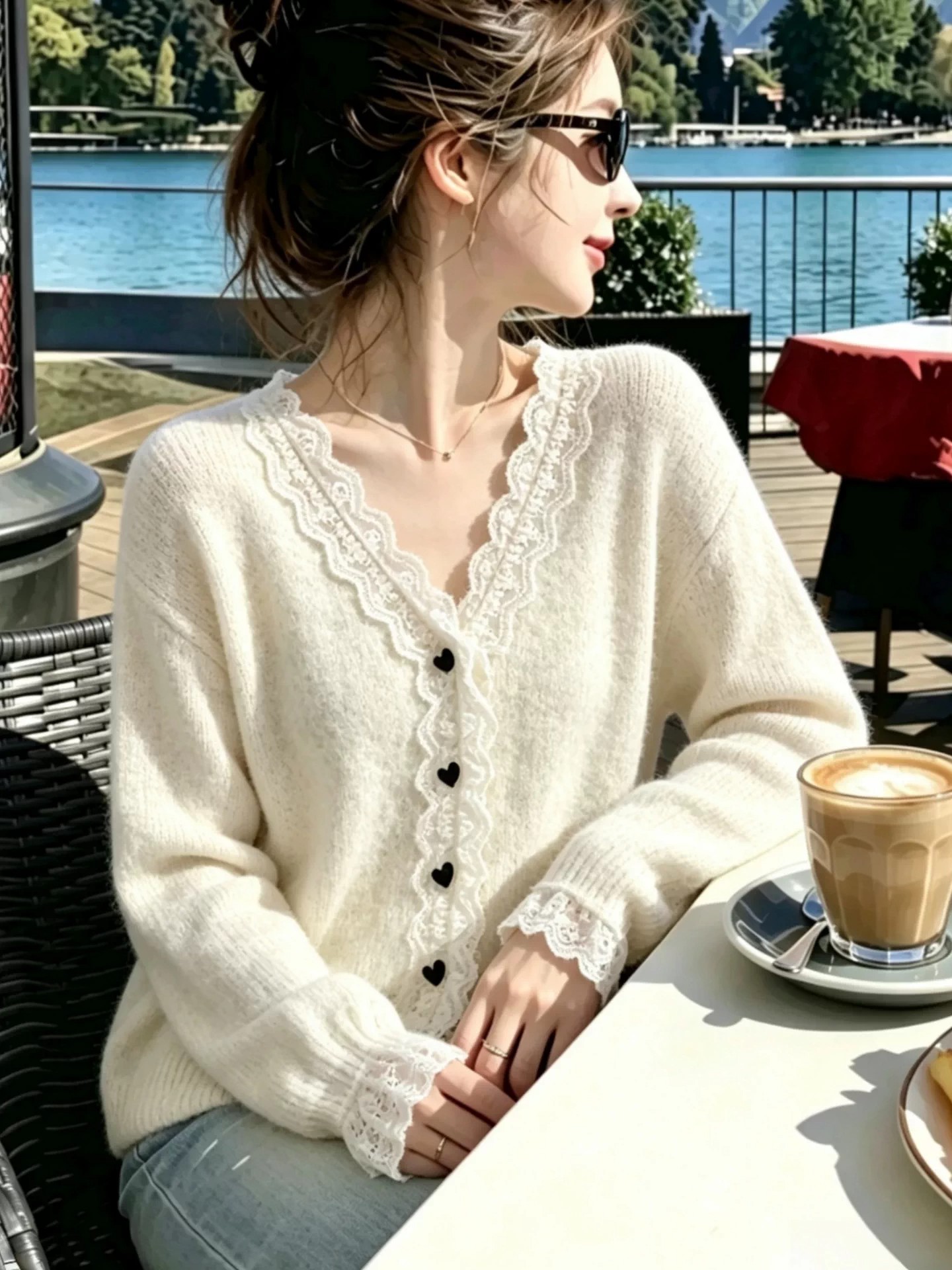 Women's Autumn Winter Lace Trim Heart Button Long Sleeve Knit Cardigan Sweater - Image 4