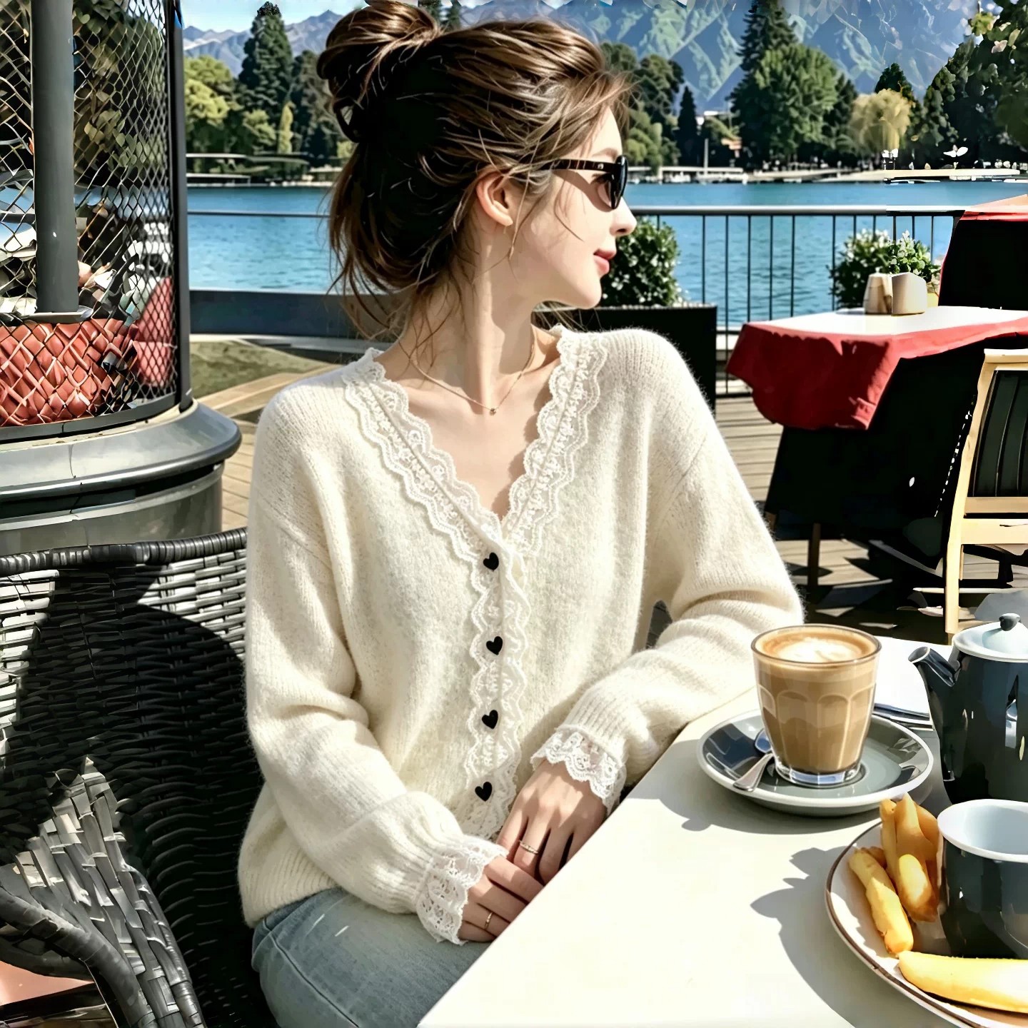 Women's Autumn Winter Lace Trim Heart Button Long Sleeve Knit Cardigan Sweater - Image 5