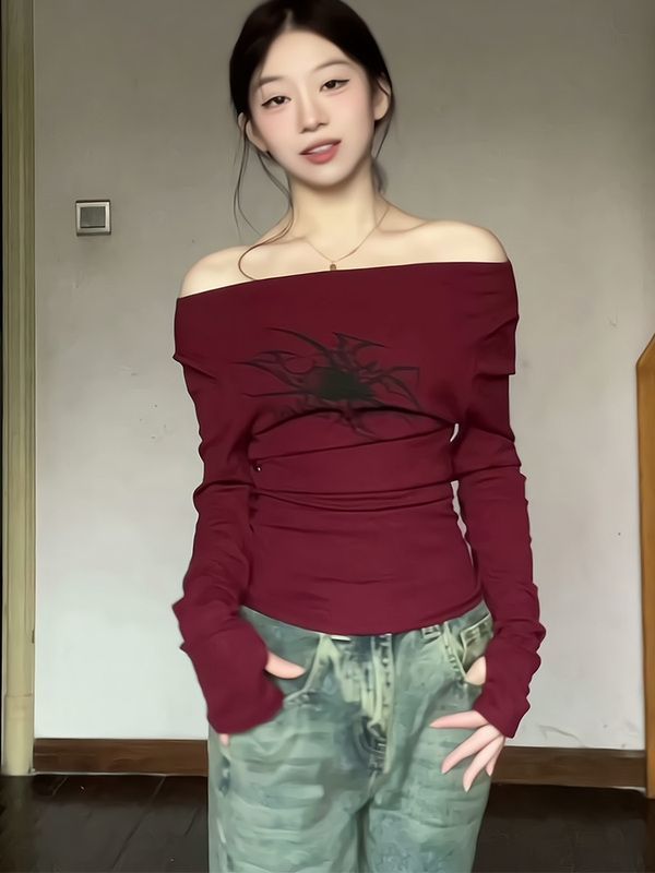 Women's Long Sleeve One-Shoulder Slim Fit Cropped T-Shirt 2026 Summer