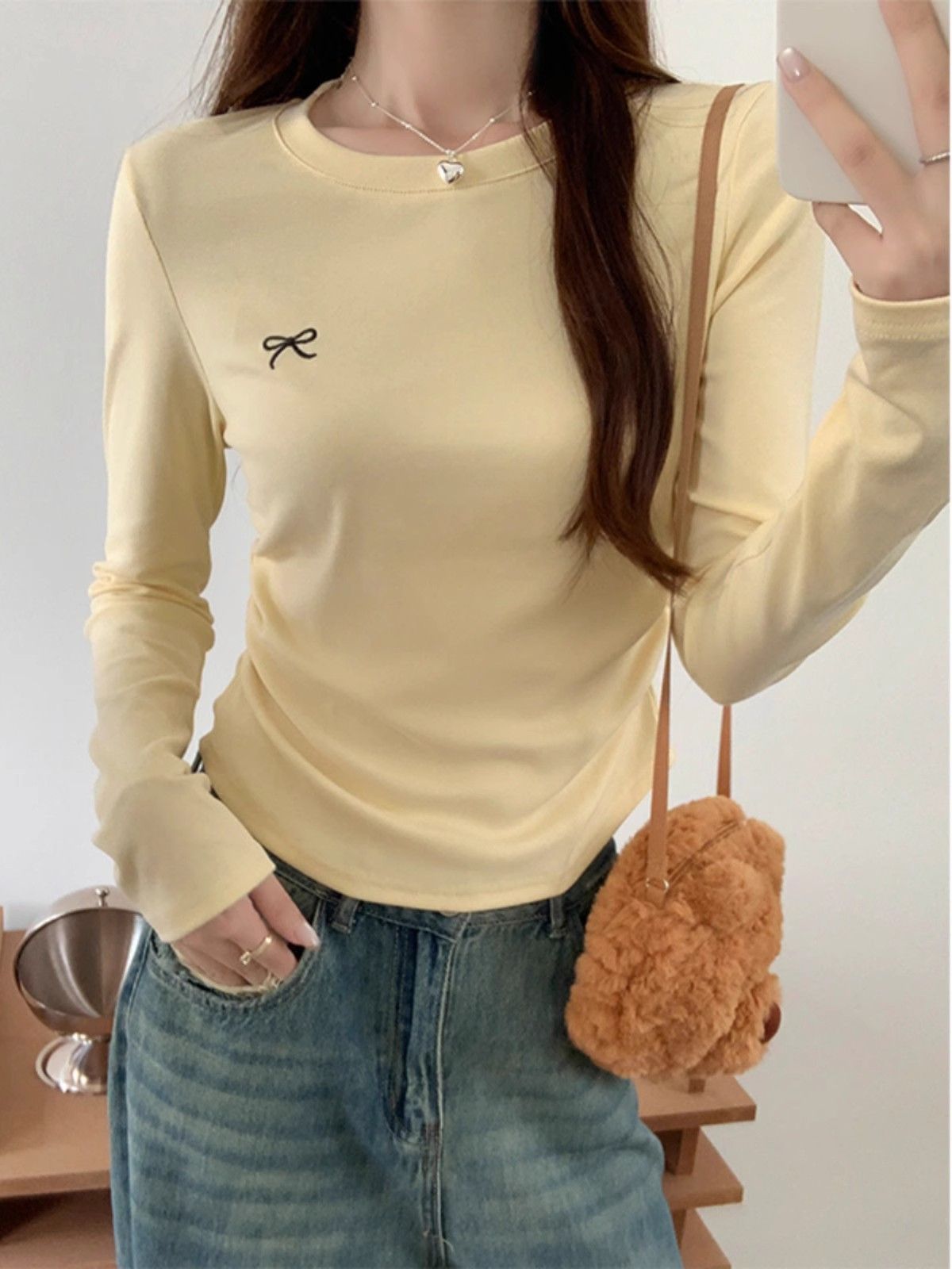 Women's Slim Fit Crew Neck Long Sleeve T-Shirt with Bow Pleat Design - Image 3