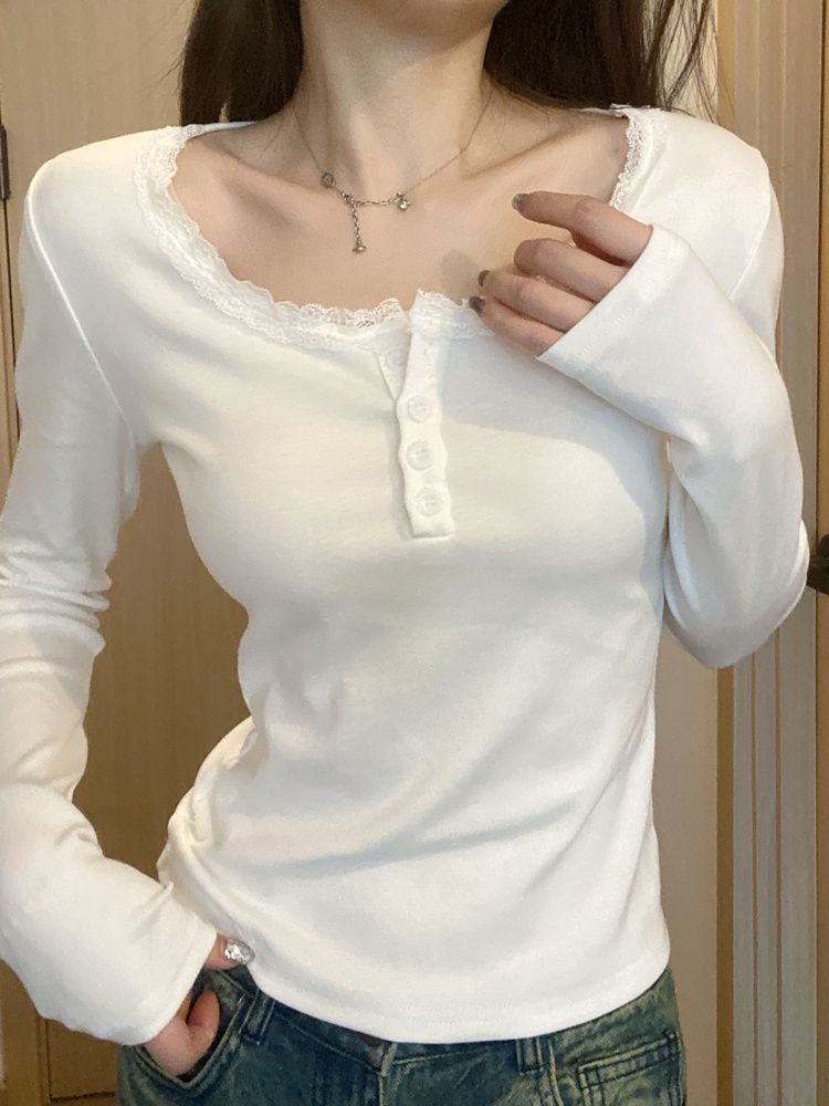 Korean Style White Lace Trim Button Slim Fit Shoulder T Long Sleeve Top - Image 2