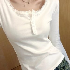 Korean Style White Lace Trim Button Slim Fit Shoulder T Long Sleeve Top