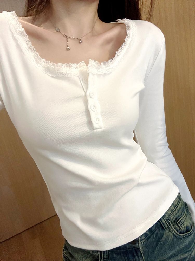 Korean Style White Lace Trim Button Slim Fit Shoulder T Long Sleeve Top