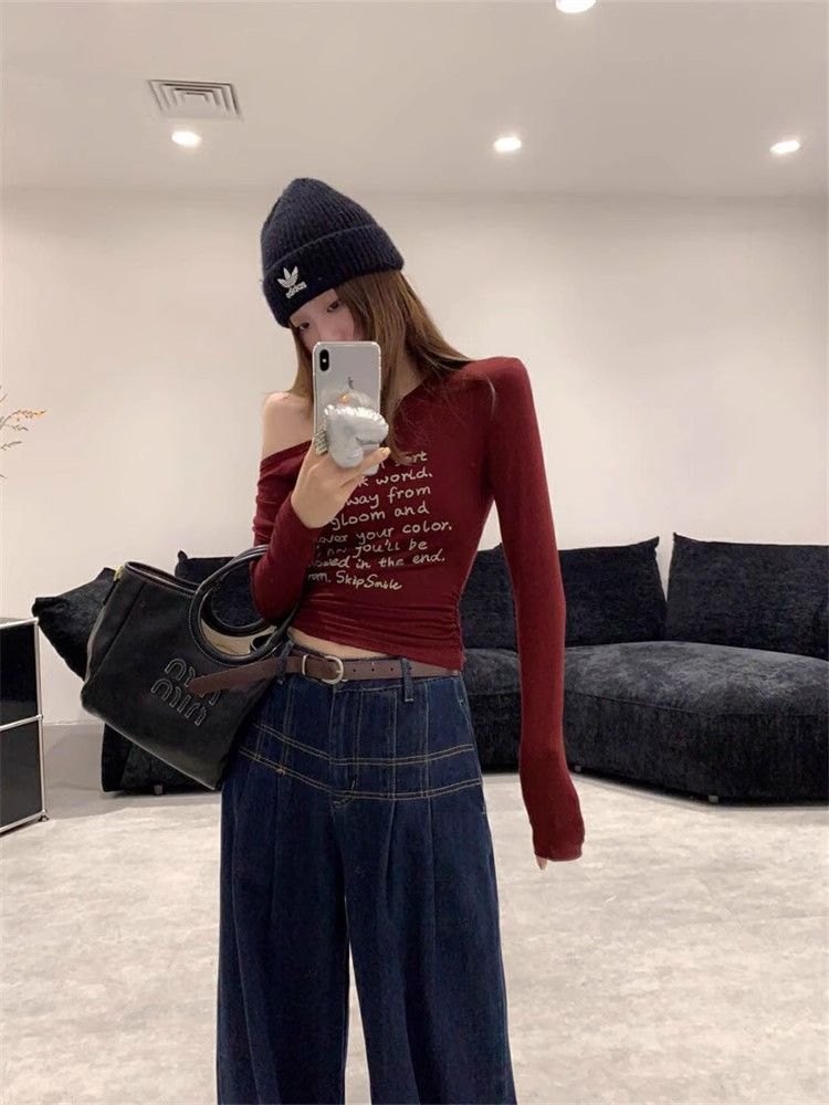 Letter Print Oblique Collar Off-Shoulder Long Sleeve T-Shirt Pleated Waist Short Top Sweet Style - Image 3