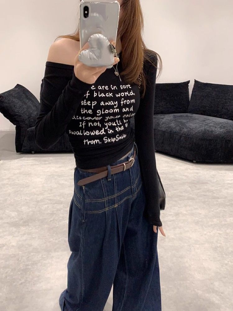 Letter Print Oblique Collar Off-Shoulder Long Sleeve T-Shirt Pleated Waist Short Top Sweet Style - Image 4