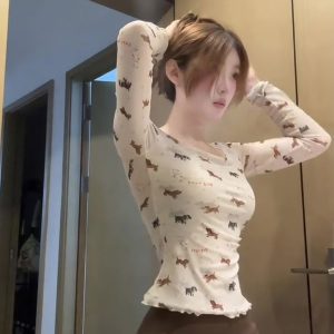 Women's Puppy Print Square Neck Open Back Long Sleeve Slim Fit T-Shirt