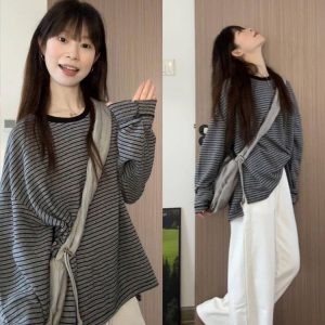 Korean Style Striped Long Sleeve Round Neck Loose Fit Top for Women