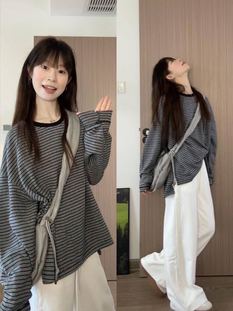 Korean Style Striped Long Sleeve Round Neck Loose Fit Top for Women