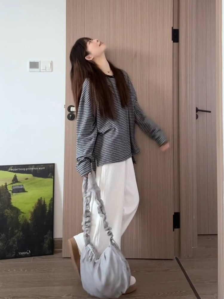 Korean Style Striped Long Sleeve Round Neck Loose Fit Top for Women - Image 3