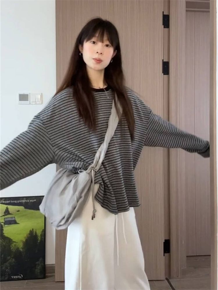 Korean Style Striped Long Sleeve Round Neck Loose Fit Top for Women - Image 2