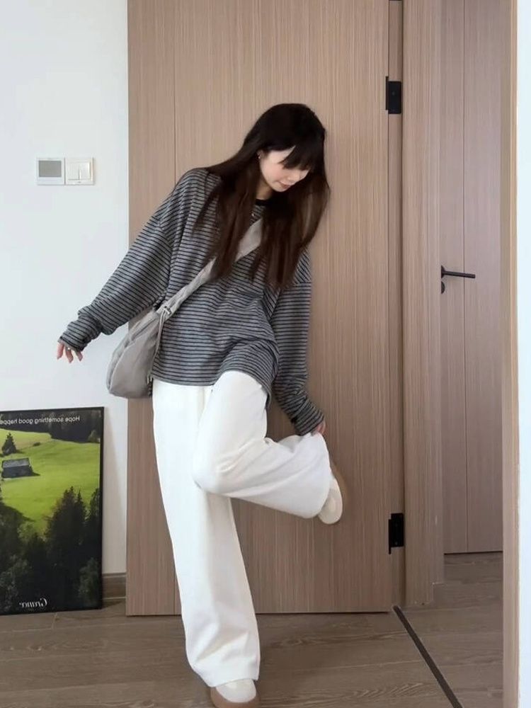 Korean Style Striped Long Sleeve Round Neck Loose Fit Top for Women - Image 4